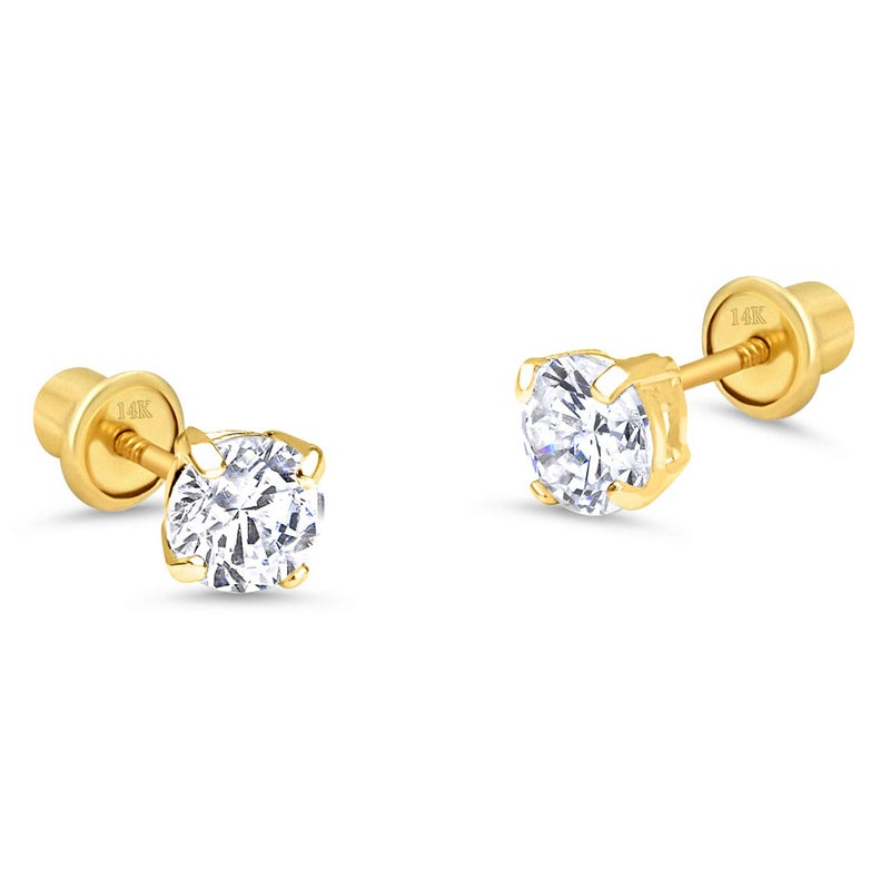 Lovearing 14k Yellow Gold 5mm Basket Round Solitaire Cubic Zirconia Children Screw Back Baby Girls Earrings - Image 1
